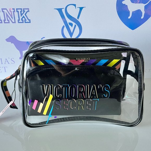 Victoria's Secret Rainbow Backstage 3 Piece Cosmetic/Makeup Cosmetic Bag Chevron - Picture 1 of 6